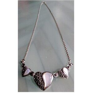 3 Hearts 925 Silver Mother-of-Pearl Choker or Princess Necklace